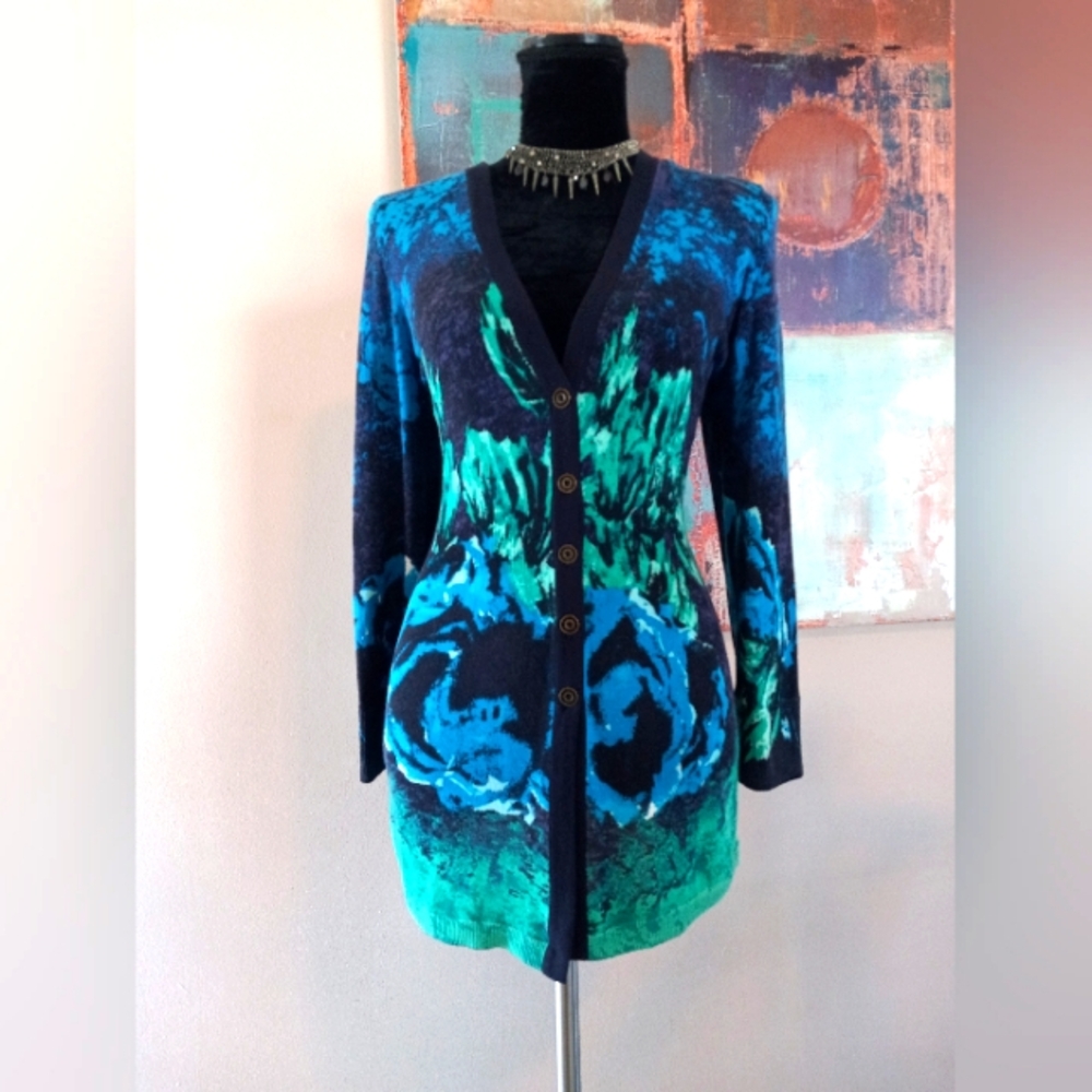 Nic + Zoe Cardigan Bold  Print Sweater Blue/ Green/ Purple Sz. L - Picture 3 of 12